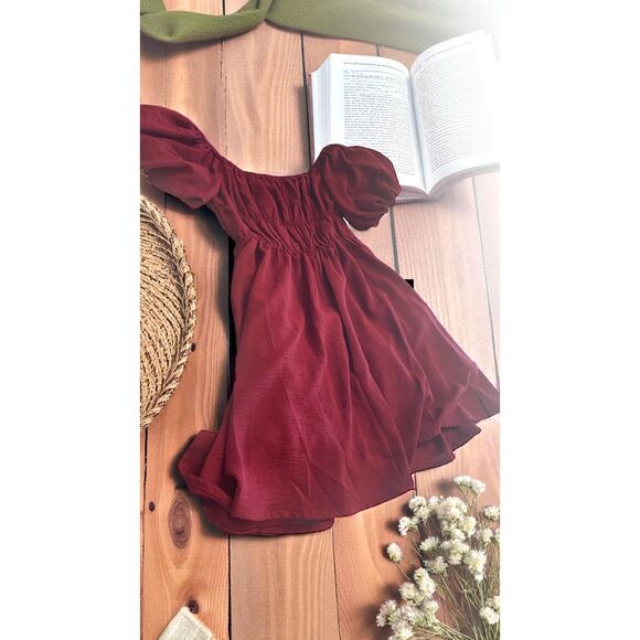 Womens Burgundy Smocked Babydoll Milkmaid Dress Sz S Coquette Romantic Costume - Picture 1 of 10